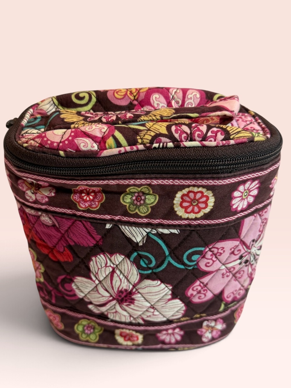 Vera Bradley Quilted Floral Cosmetic Case in Pink and Brown
